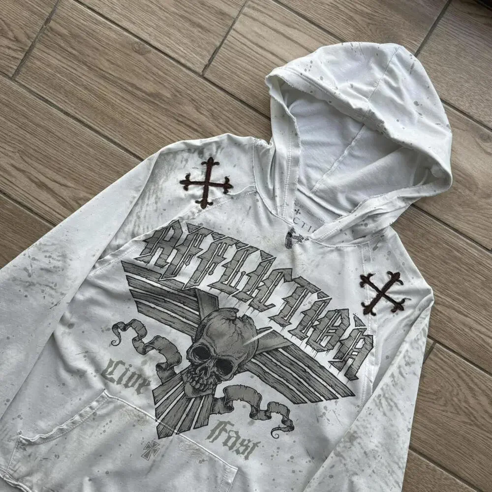 Y2K Affliction Distressed Skull Cross White Hoodie - Picture 5 of 8